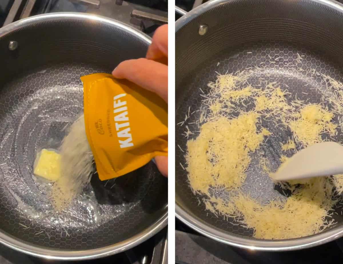 Kataifi pastry strands sizzling in butter as they turn golden brown.