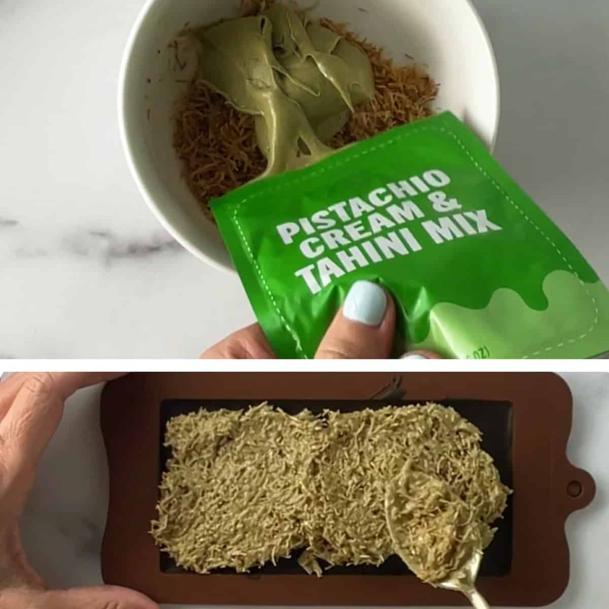 Two photos showing browned kataifi being mixed with pistachio cream.