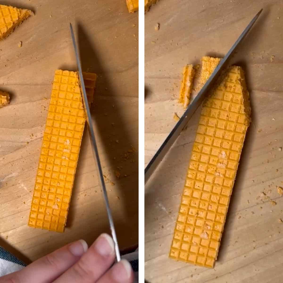 Step-by-step collage showing how to cut sugar wafer cookies into a pointed pencil shape.