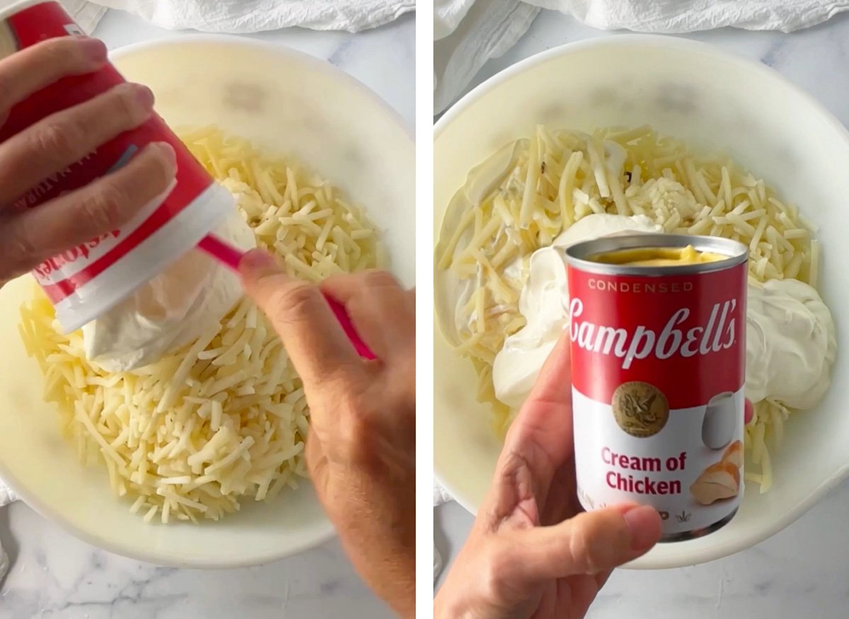 Campbell's cream of chicken soup being added to bowl of ingredients for potato casserole.