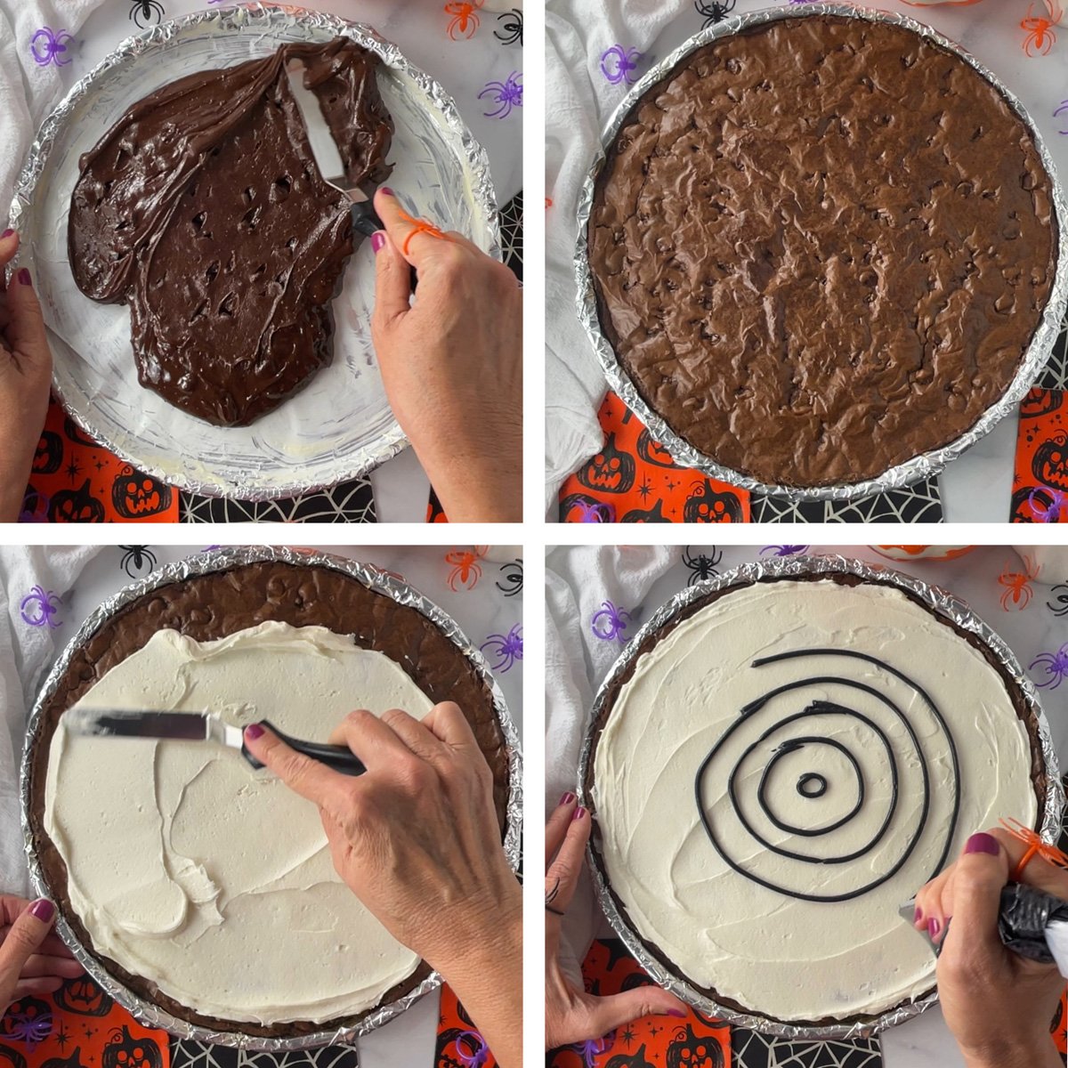 Step-by-step photos showing brownie batter being poured into the prepared pan, spreading frosting over the baked cookie cake, piping a black spiral for the spider web, and dragging a toothpick through the frosting to create the web design.