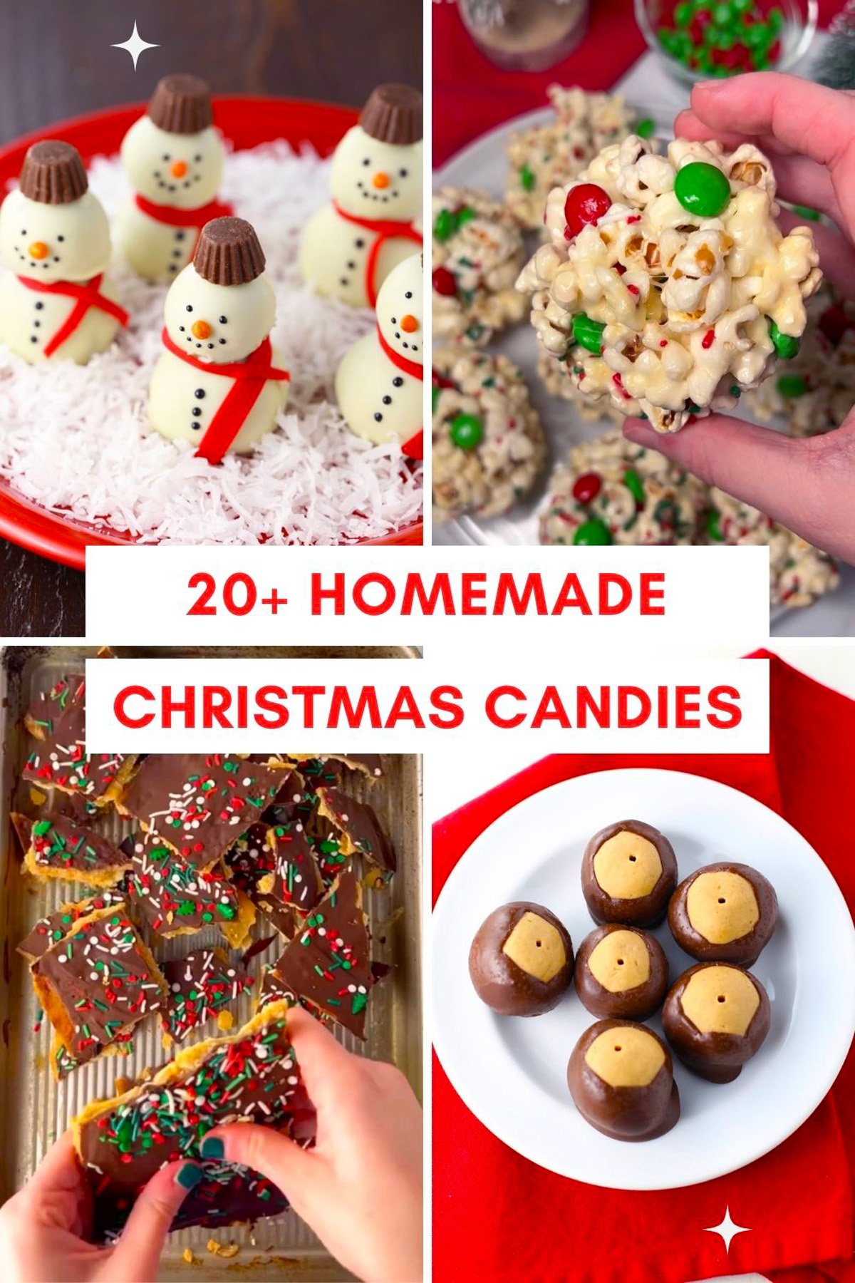Assortment of festive Christmas candies - snowman oreo balls, chocolate covered buckeyes, Christmas popcorn balls, and cracker toffee - perfect for holiday treats.