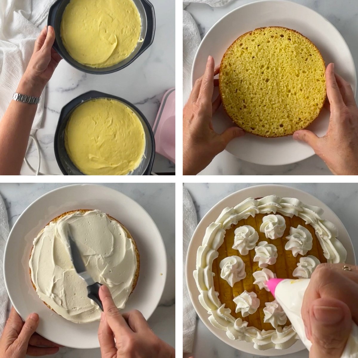 Step-by-step photo collage showing how to bake cake layers, make lime filling, assemble, and decorate a key lime layer cake