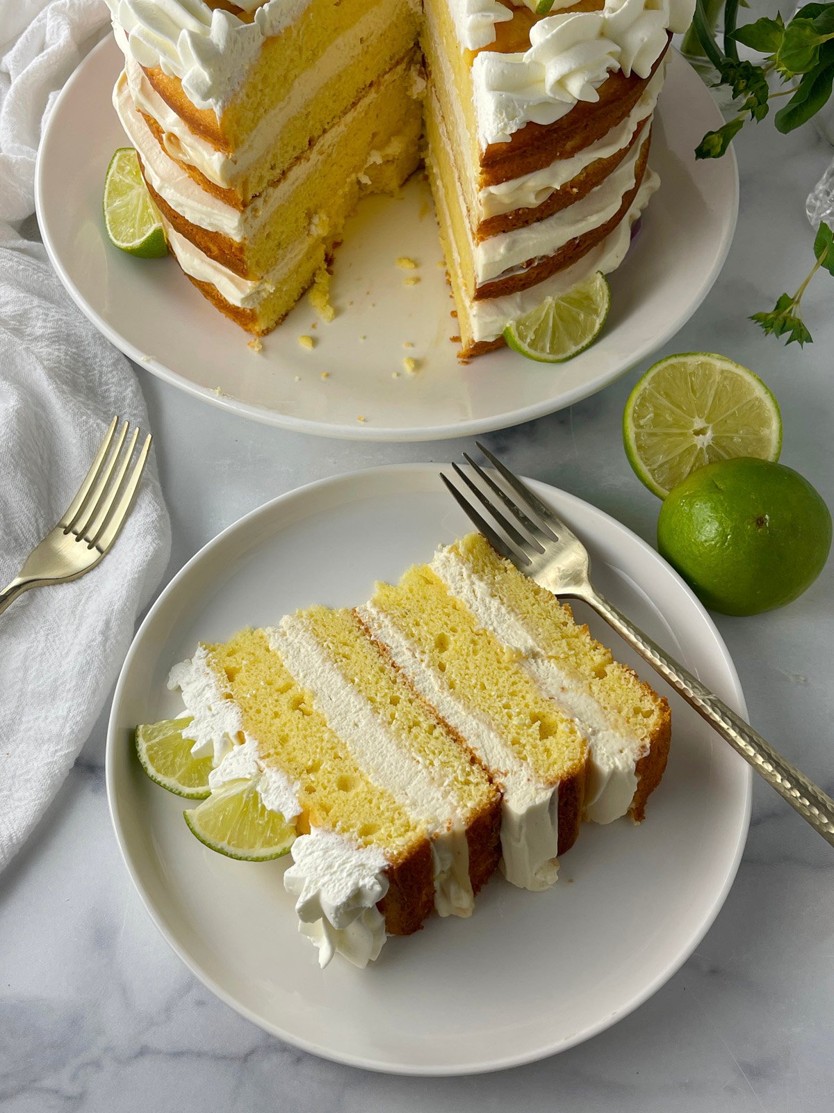 Slice of key lime cake showing four layers with whipped cream filling and lime garnish.