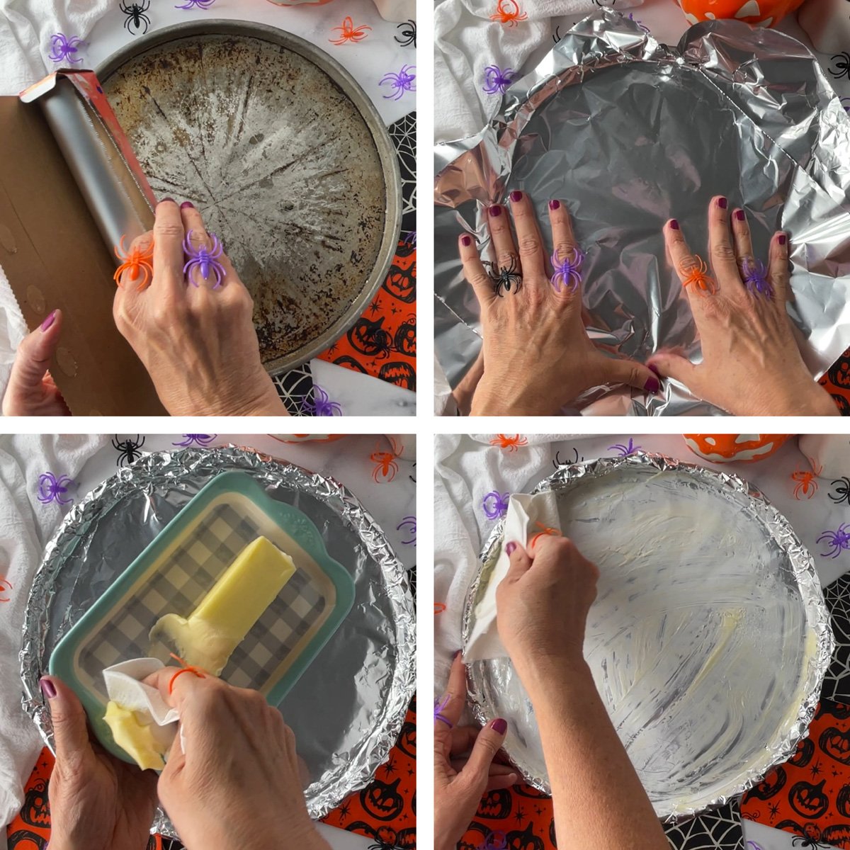 Step-by-step photos showing how to prepare the baking pan: lining a round pizza pan with foil, pressing the foil into place, greasing the surface, and displaying the pan ready for brownie batter.