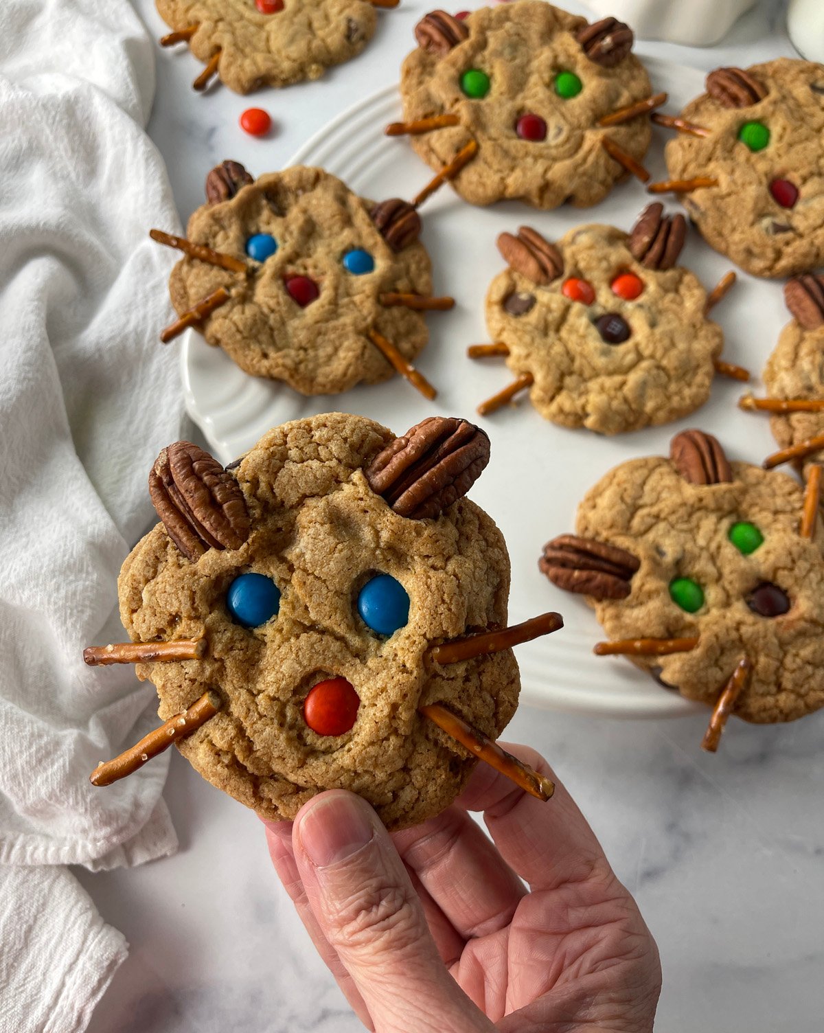 A very cute cat cookie with candy eyes and pretzel whiskers.