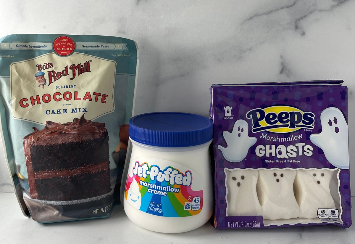 Ingredients needed to make ghost peep cupcakes.