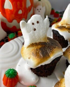 Close up of toasted marshmallow on top of chocolate cupcake with Ghost peep.