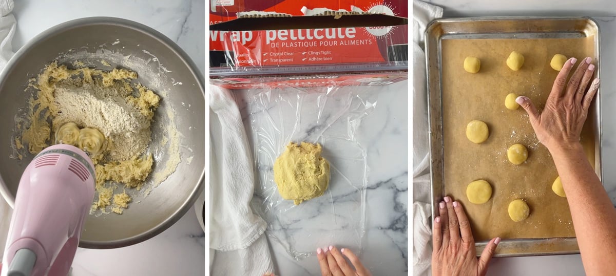 Three images showing the steps of making gluten-free sugar cookie dough.