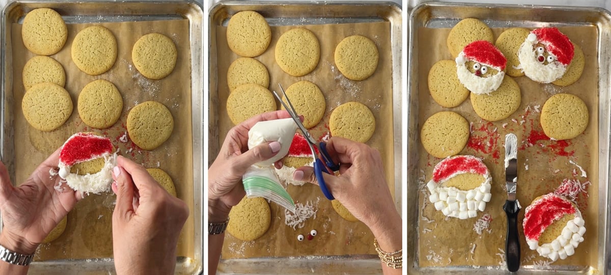 Three-step visual showing frosting the cookie, adding red sanding sugar for the hat, and finishing with eyes, nose, and beard.