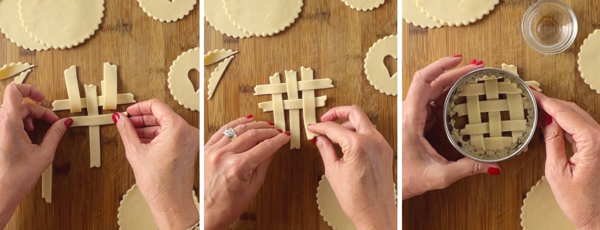 Cutting thin strips of pie crust with a pastry wheel to make a lattice top for mini caramel apple pies.