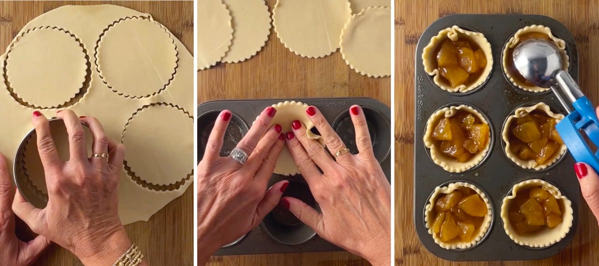 Cutting circles of refrigerated pie crust with a round cutter to make mini caramel apple pies.