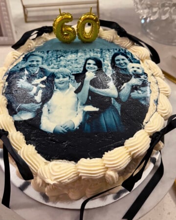My 60th birthday cake with edible photo of my family and pets.