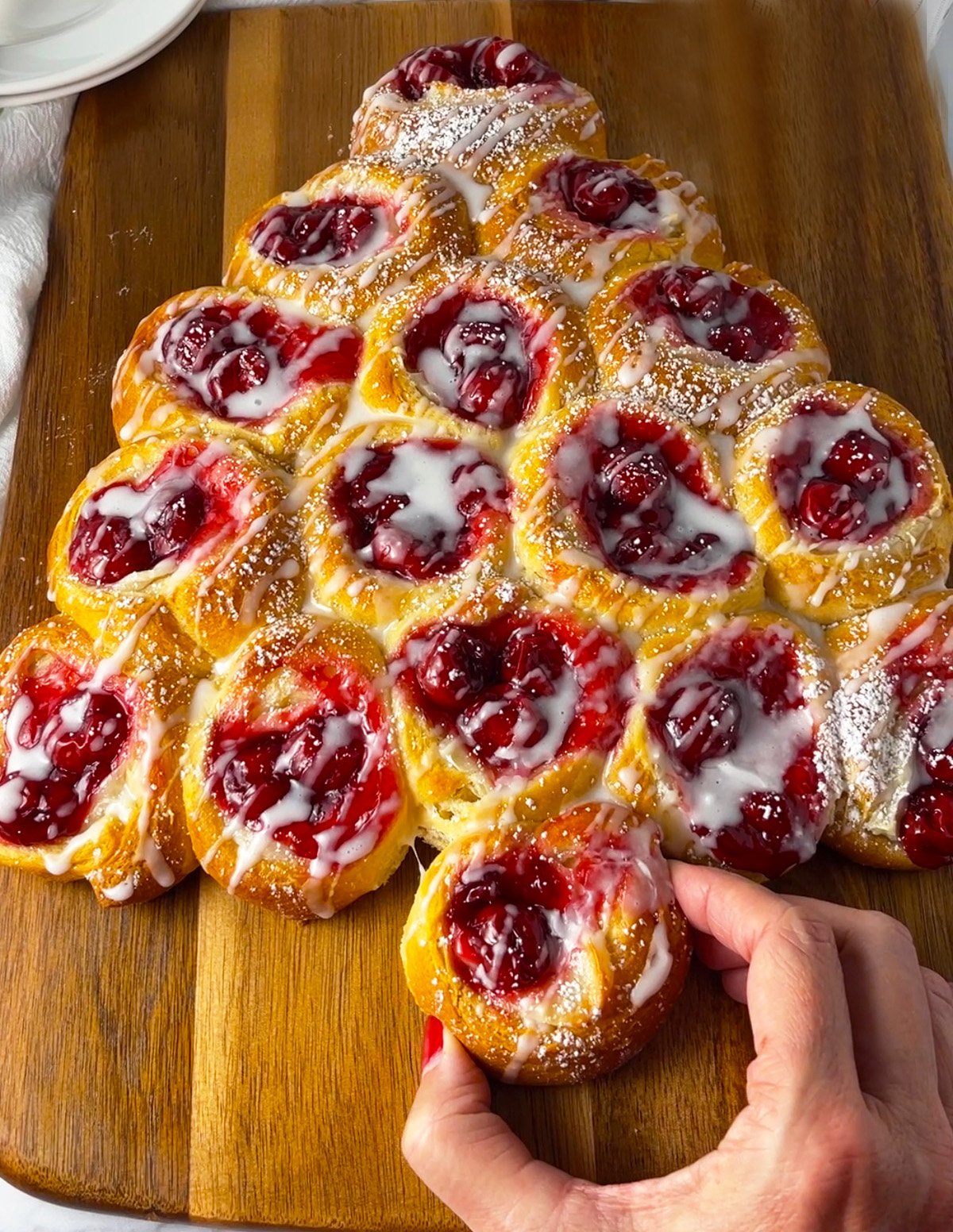 Easy cherry danish Christmas tree on platter.