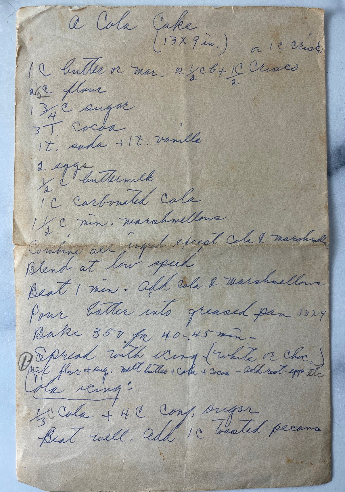 My grandmother's handwritten recipe for a coca cola cake.