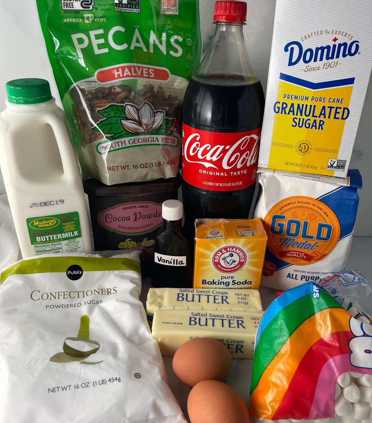 Ingredients needed to make a Southern coca cola cake.