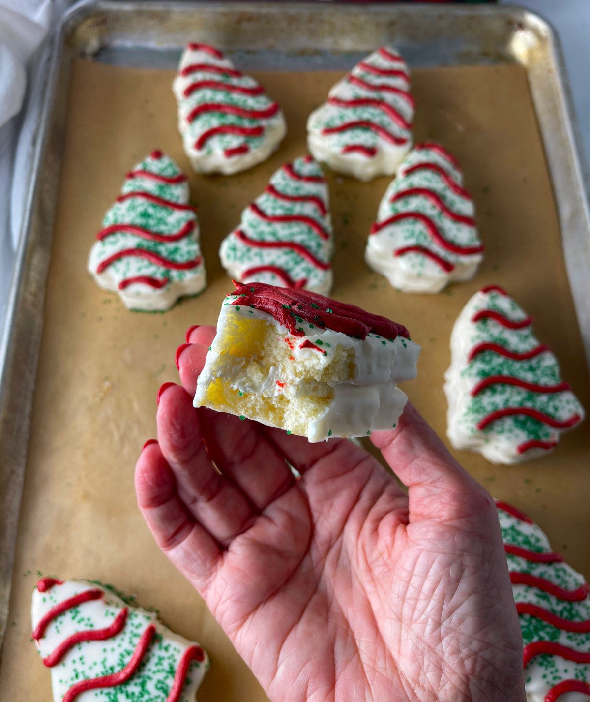 Copycat little debbie cake with bite taken out.