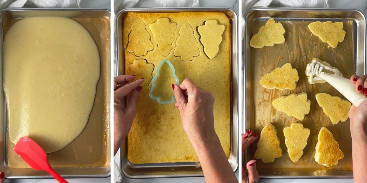 Photo steps showing how to make homemade little debbie Christmas tree cakes.