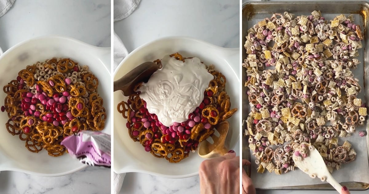 Step by step photos showing how to make a valentine's day white chocolate snack mix.