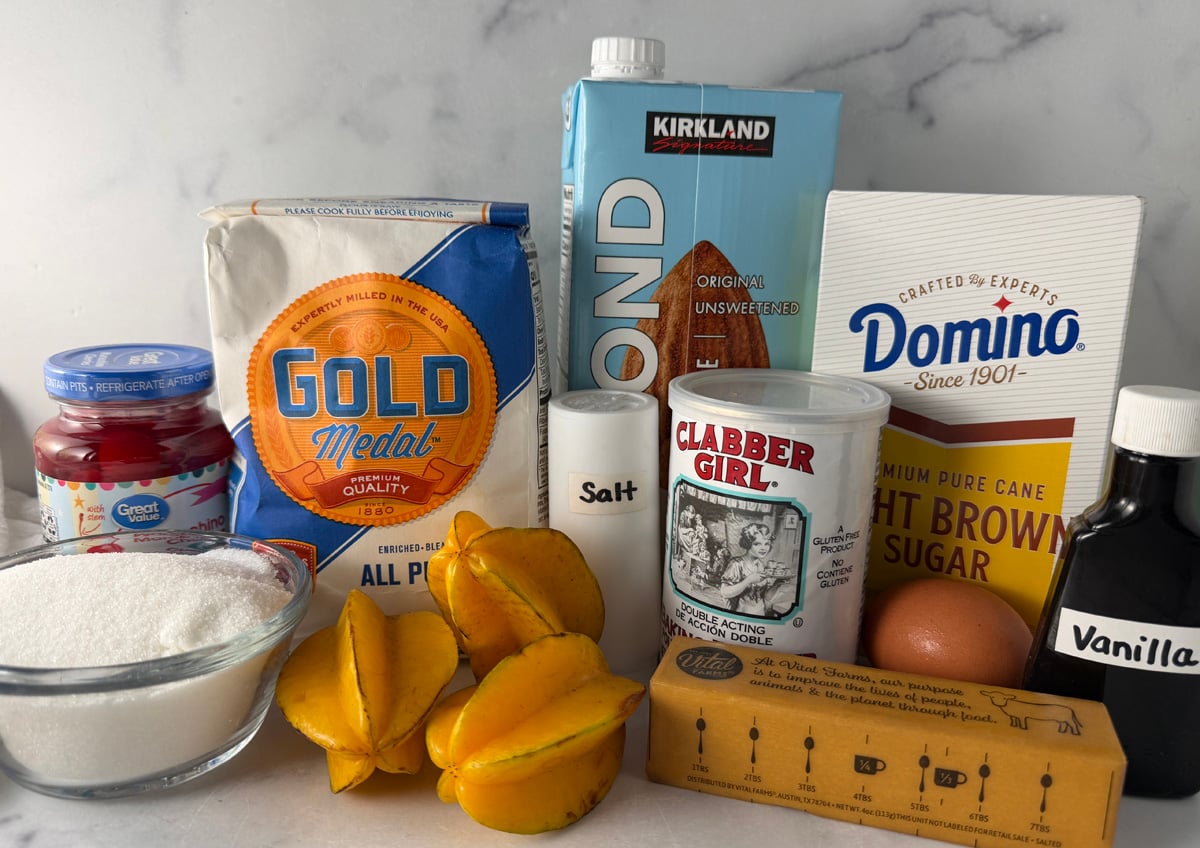 Ingredients needed to make star fruit upside down cake.