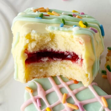 Easter egg petits fours with strawberry rhubarb filling.
