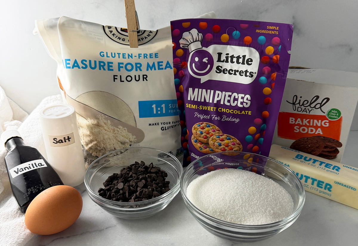 Ingredients needed to make m&m style cookies.