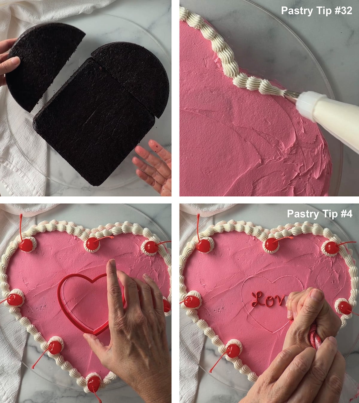 Photo steps on how to make a heart shaped cake.