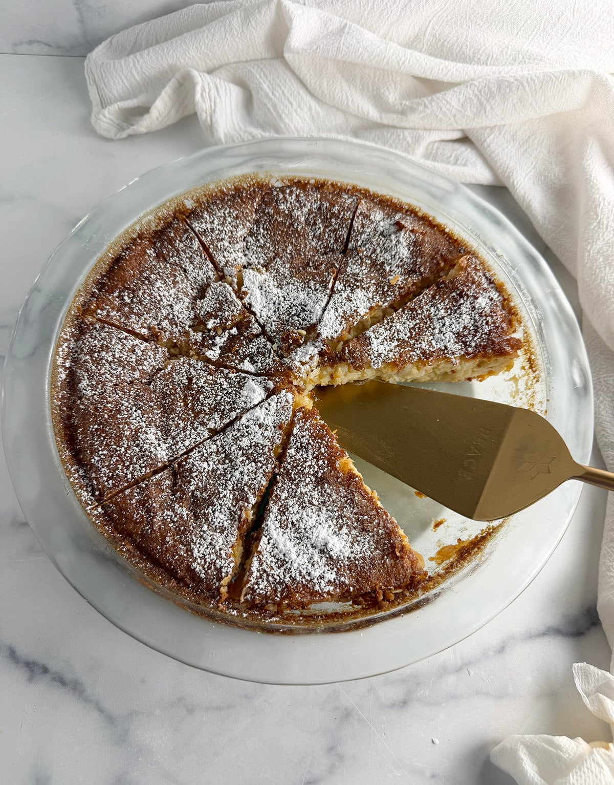 Baked impossible pie in the pie plate.
