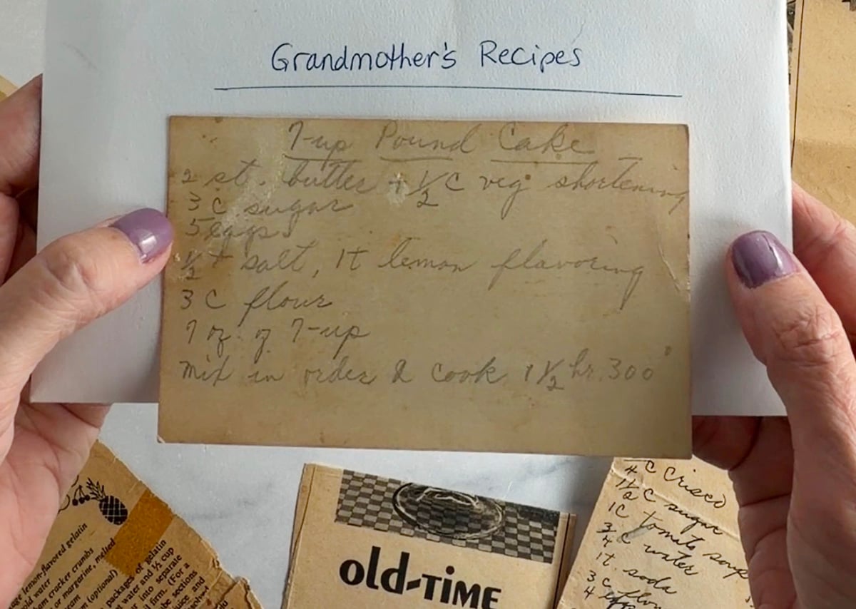 My grandma's original recipe card for 7-Up cake from the 1950s.