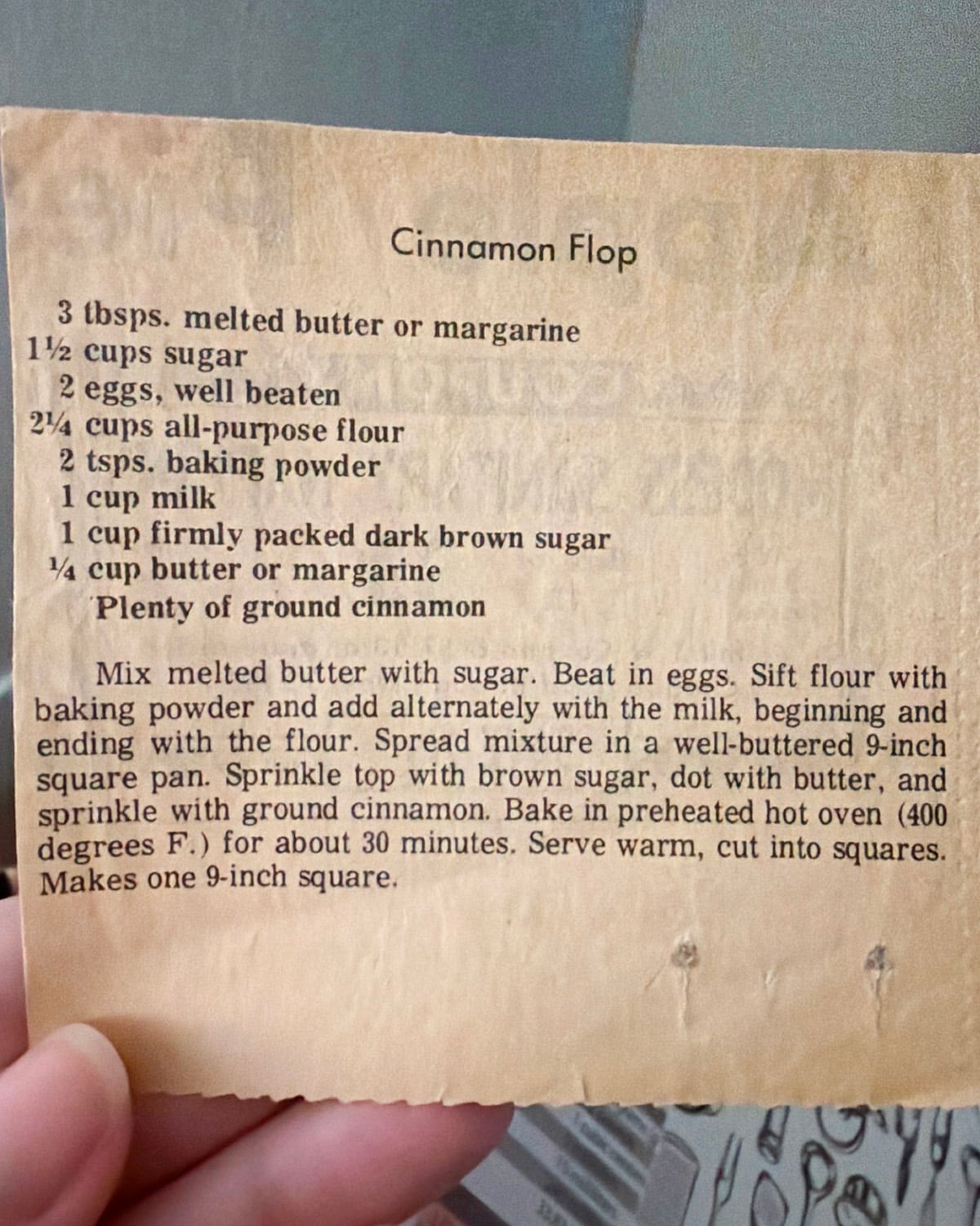 Newspaper clipping of cinnamon flop recipe from 1971.