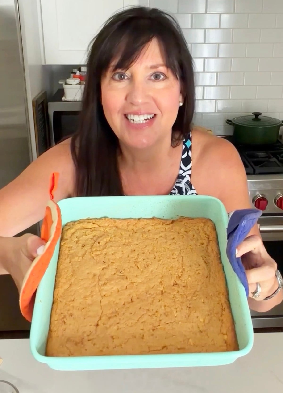 Baked peanut bars in pan.