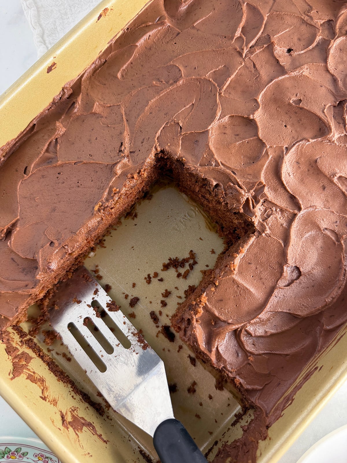 The best chocolate cake in a 13x9 pan with chocolate sour cream frosting.