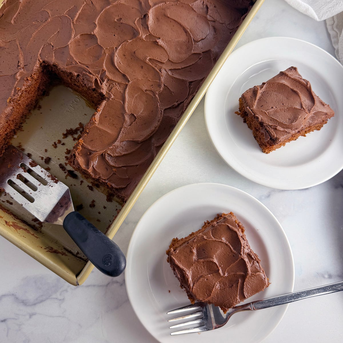 Easy chocolate cake served on plates.