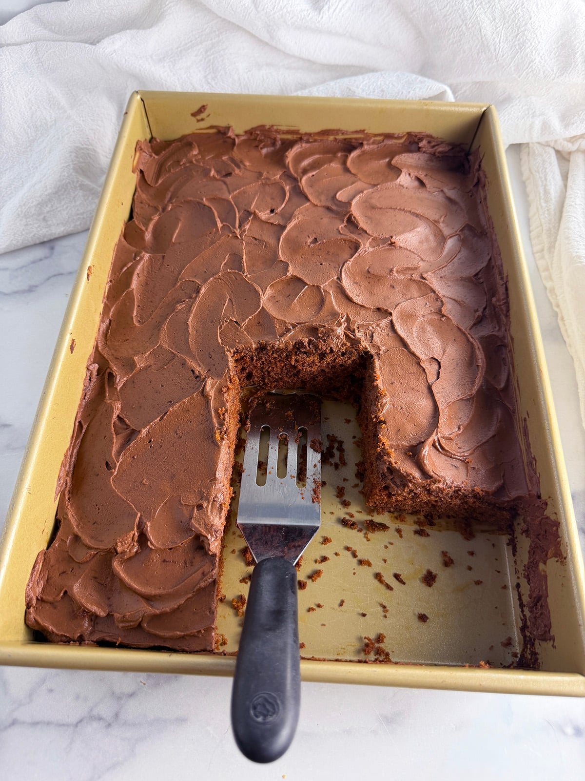 Easy chocolate sheet cake in sheet pan.