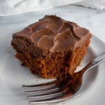 Slice of chocolate cake on a white plate.