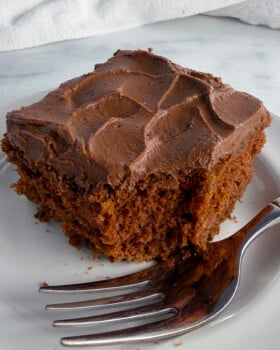 Slice of chocolate cake on a white plate.