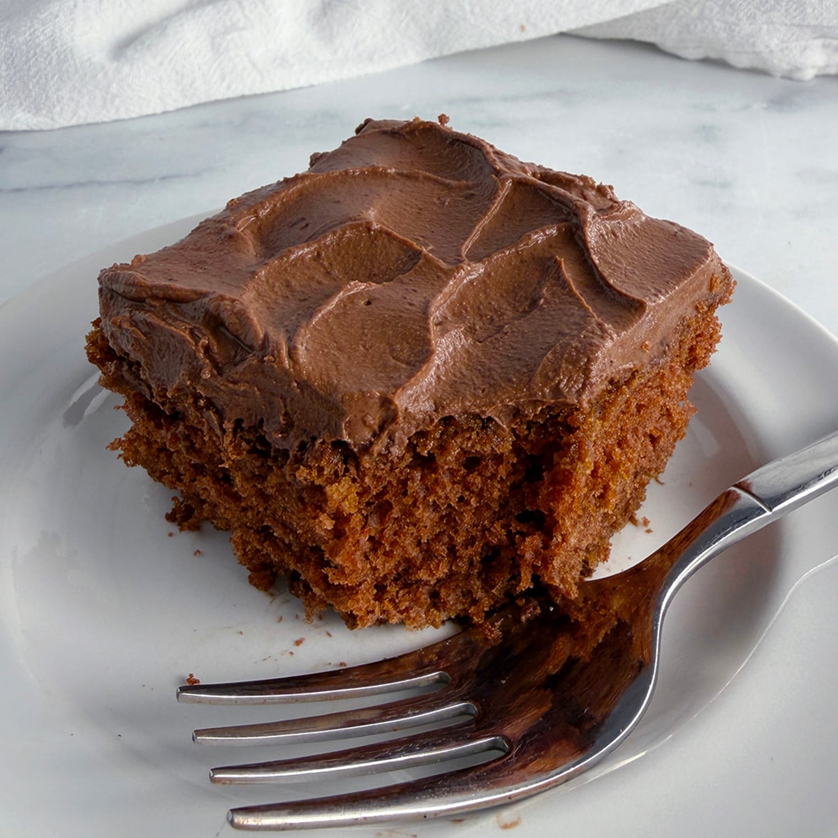 Slice of chocolate cake on a white plate.
