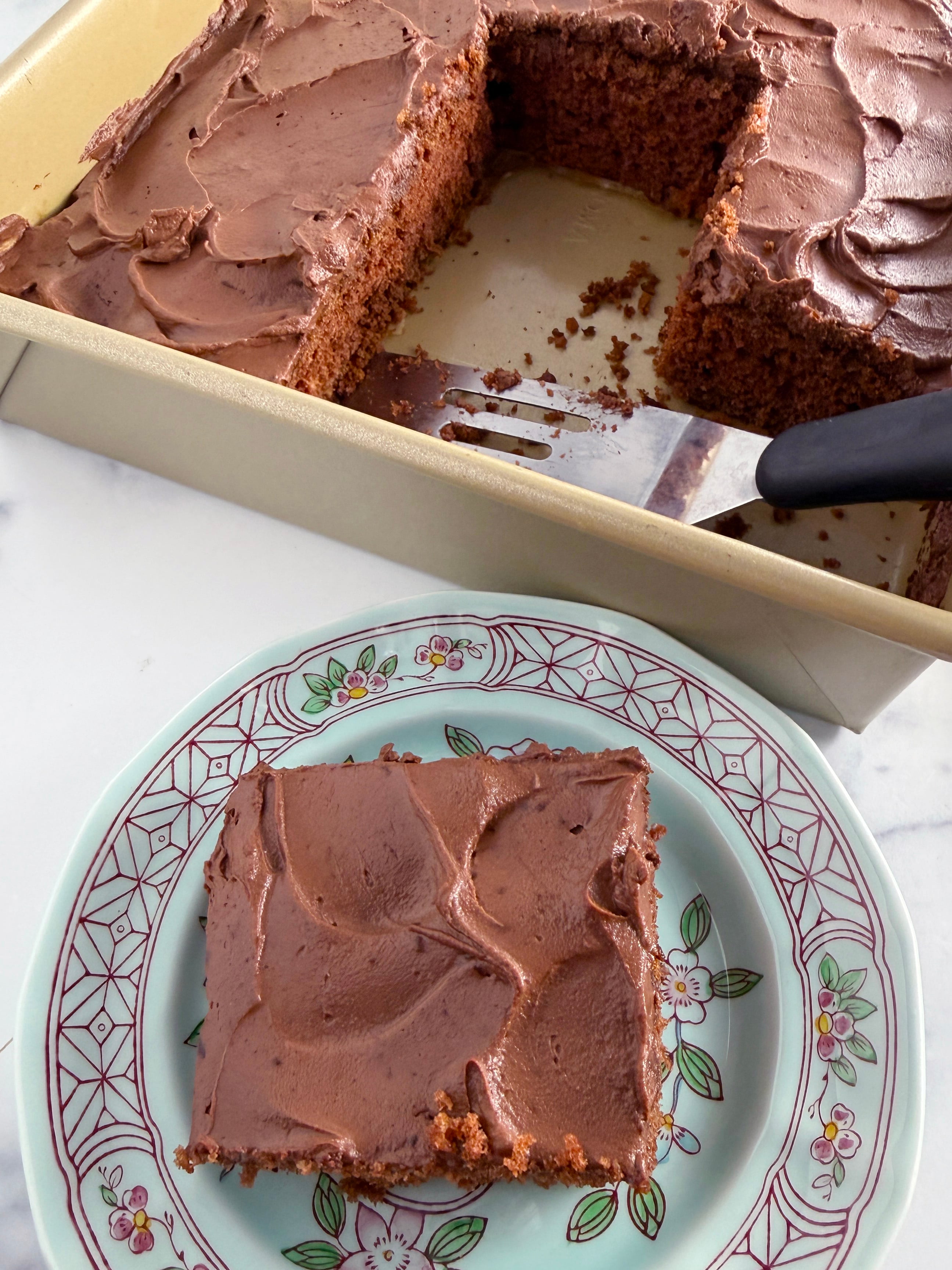 Chocolate cake in pan with slice on plate next to it.