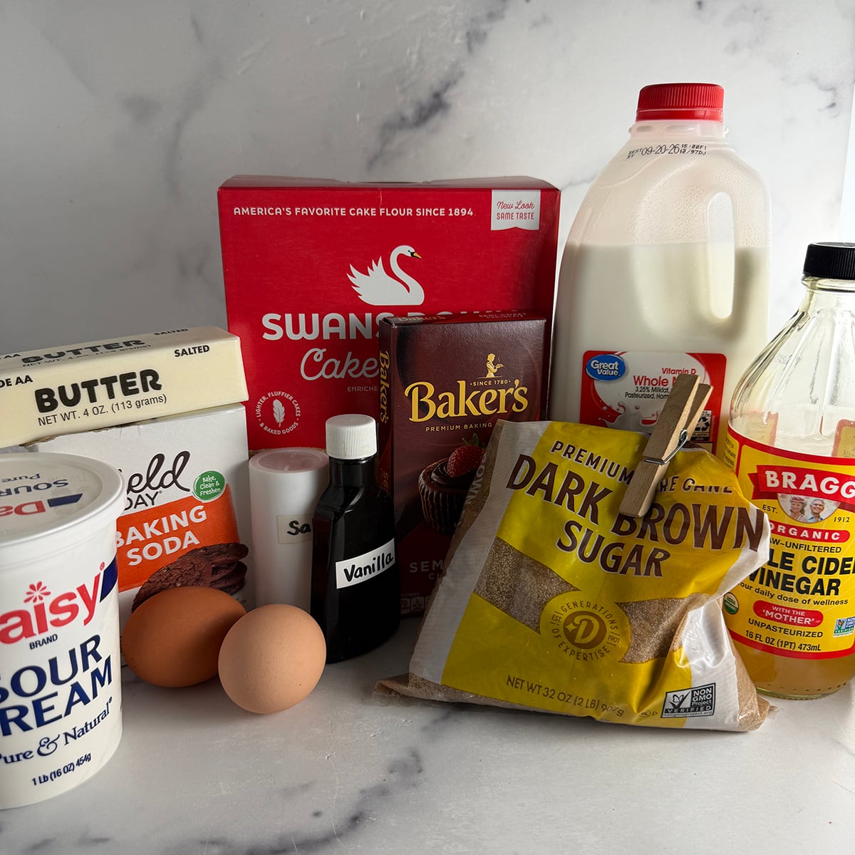 Ingredients needed to make easy chocolate sheet cake.