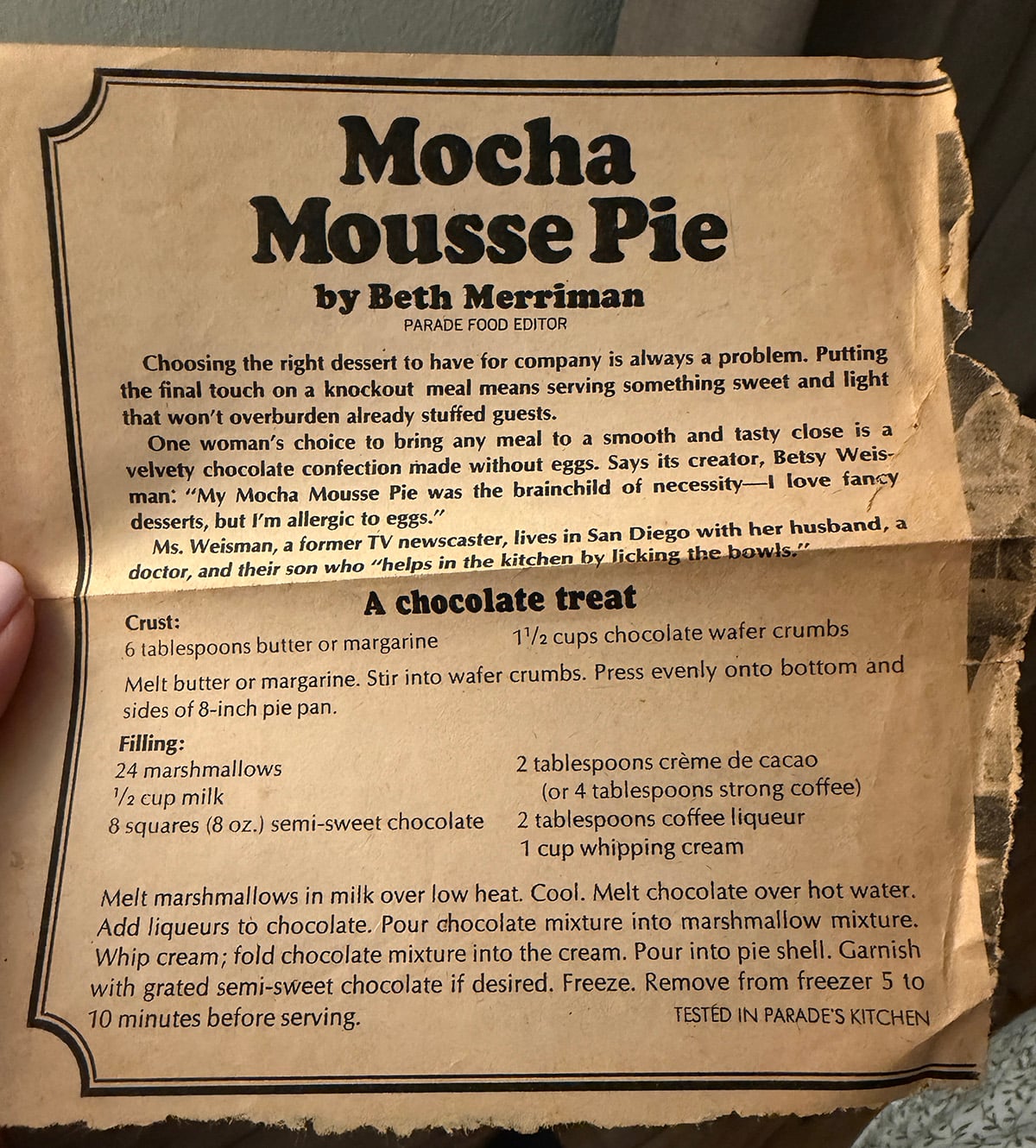 Vintage recipe on newspaper clipping from 1973.