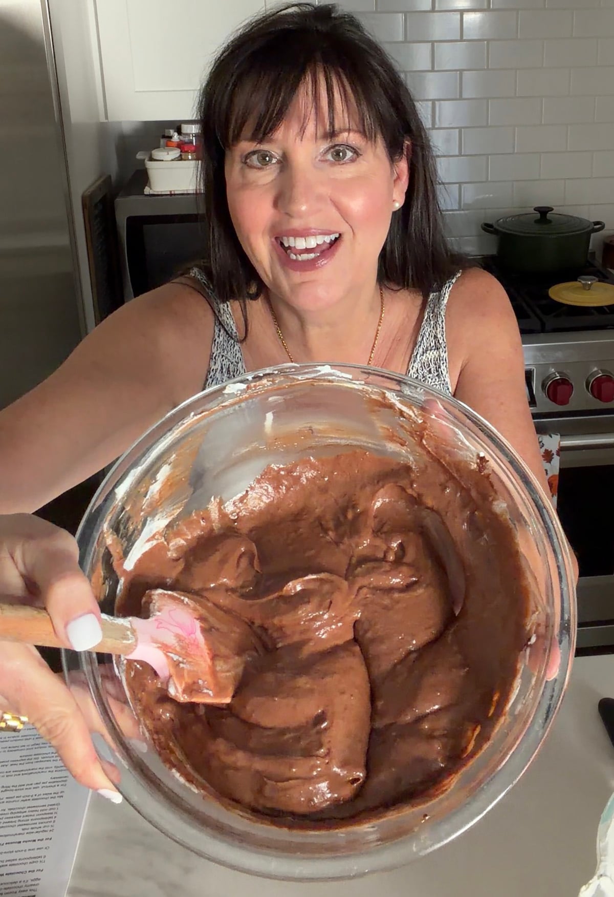 Mocha mousse pie filling in a glass bowl.