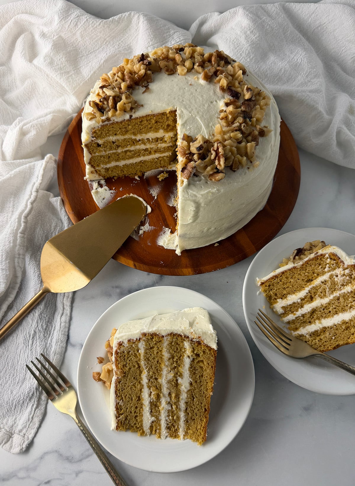 Serving pumpkin cake on the kitchen counter.