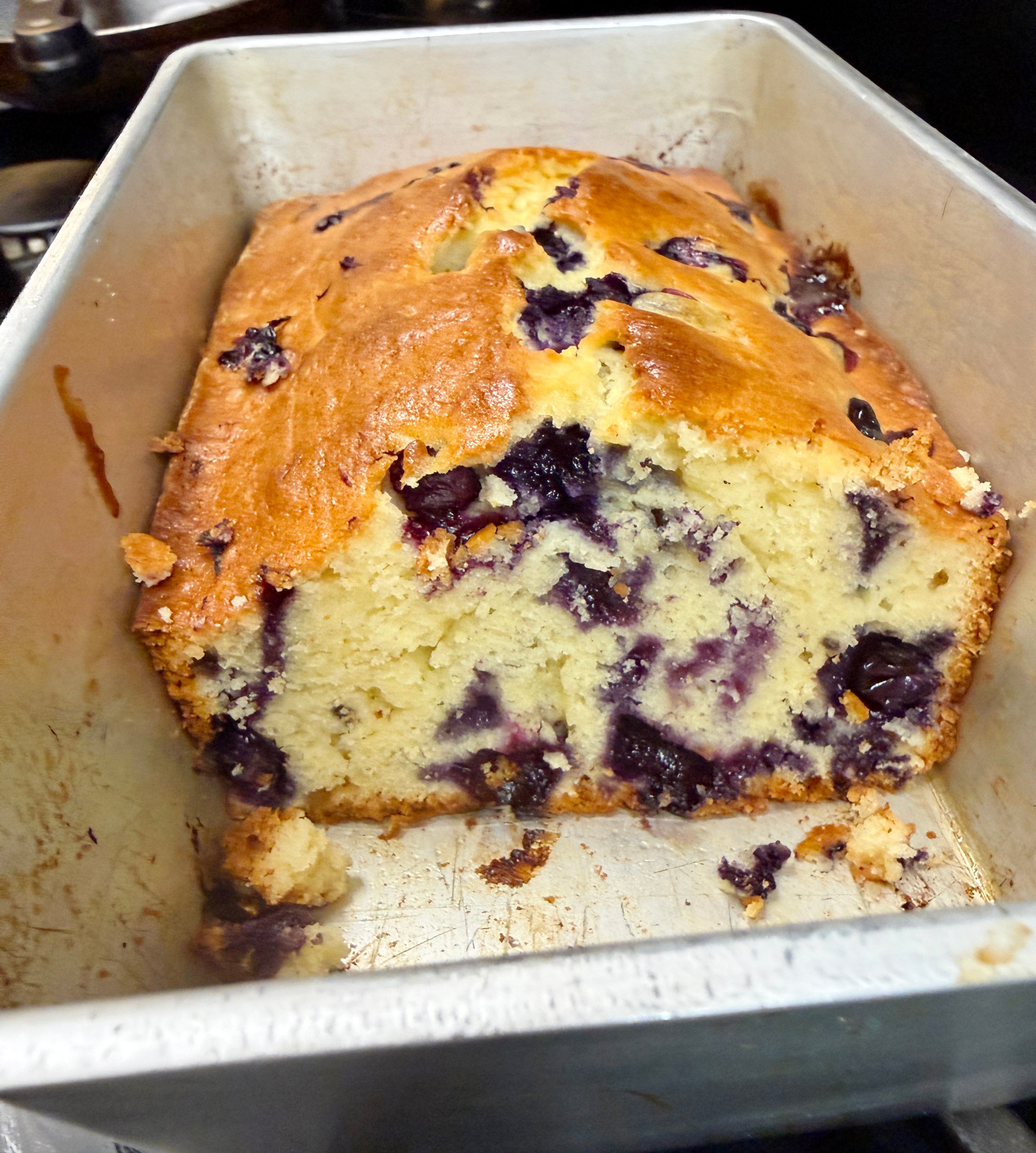 Lemon blueberry bread in the baking pan.