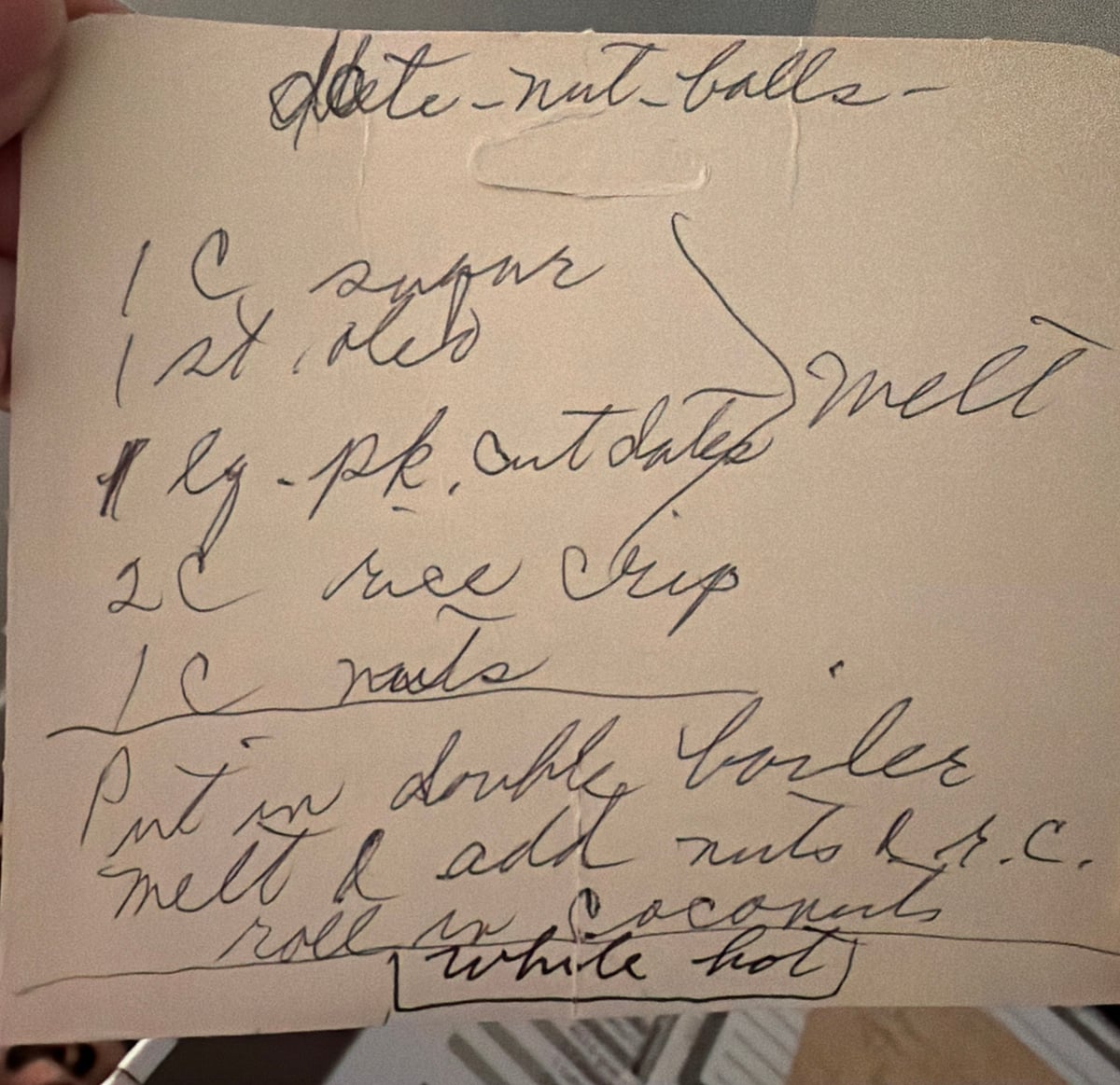 Grandmother's handwritten recipe card for date nut balls.