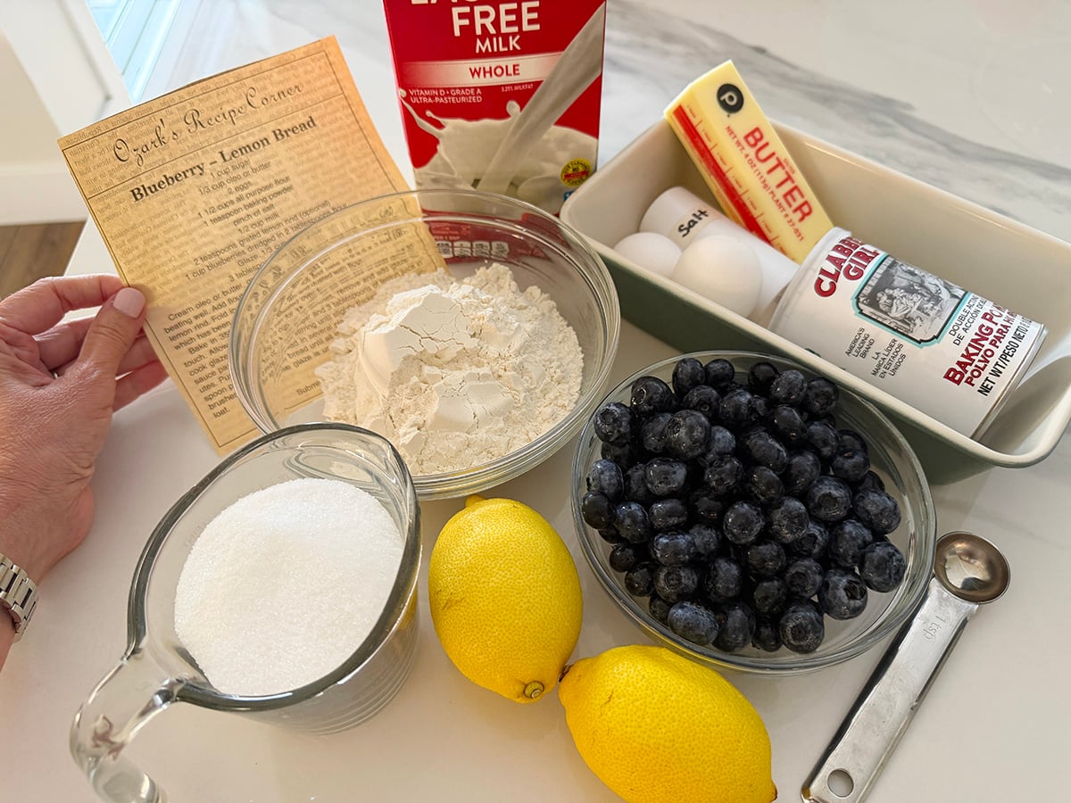 Ingredients needed to make lemon blueberry bread.