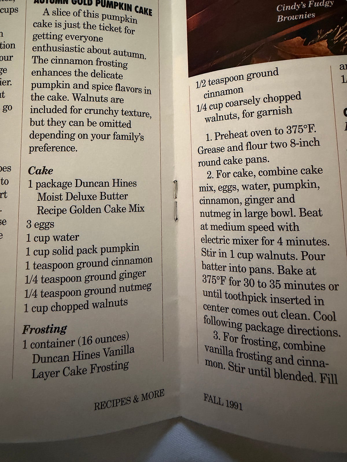 Vintage recipe for pumpkin cake from 1991.
